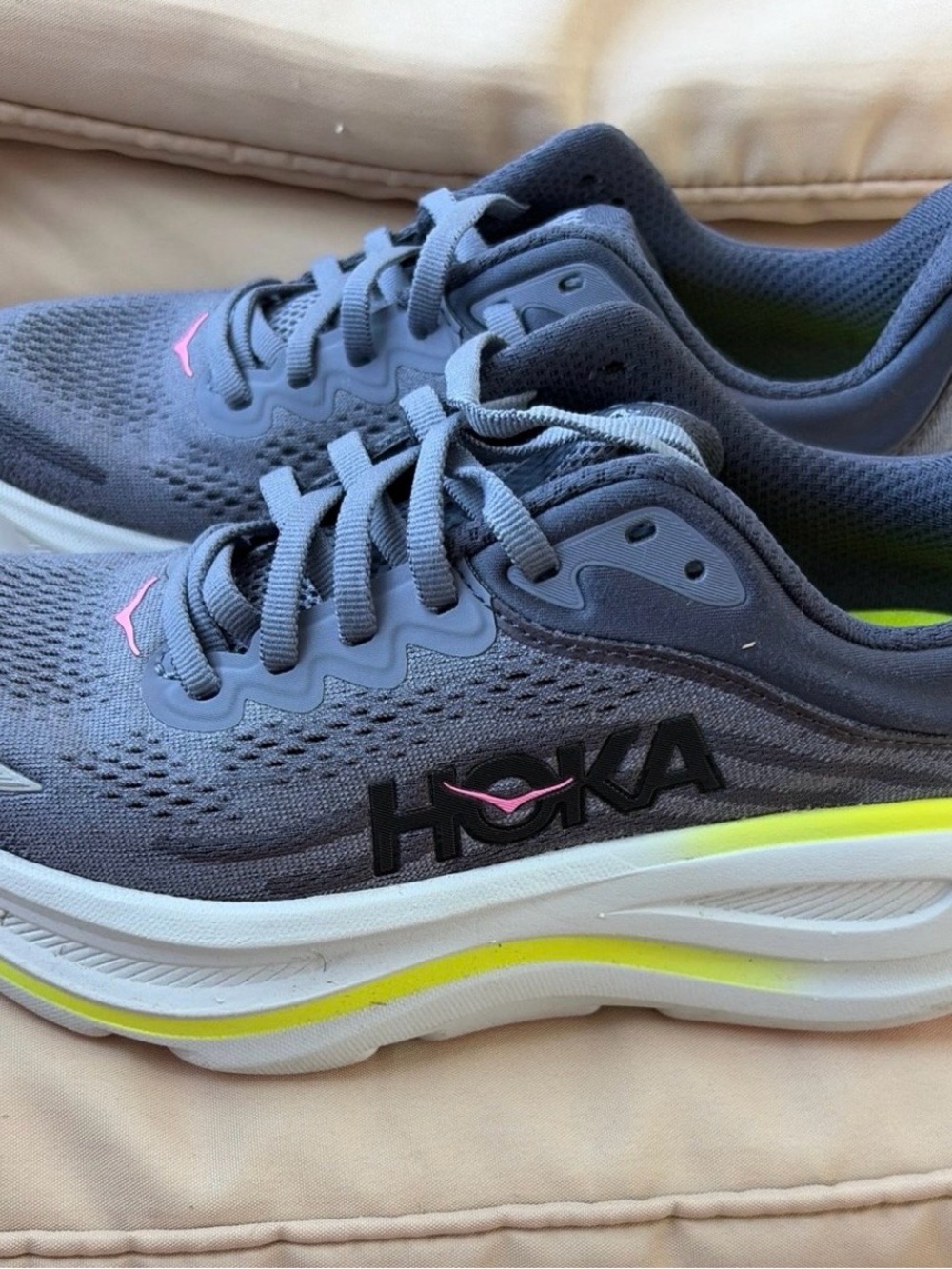 Hoka One One Bondi 9 Gray Athletic Shoes with Pink and Neon Yellow Accents